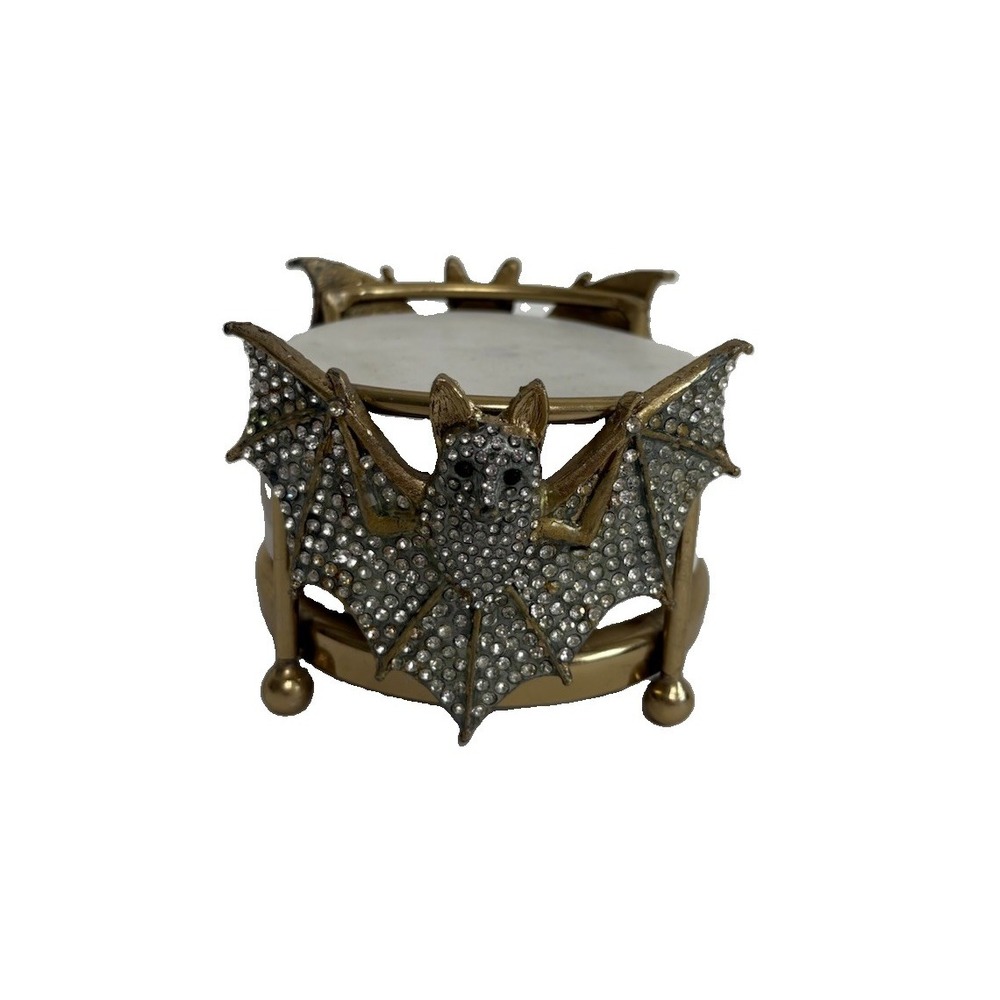 Set Of 4 Gold Diamond Rhinestones Bat Halloween Holder Marble Coasters Goth Glam
